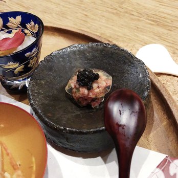 Nodoguro signature dishes King Salmon, Iwate Sea Scallop, Caviar, Chirimenjako, Smoked Black Cod